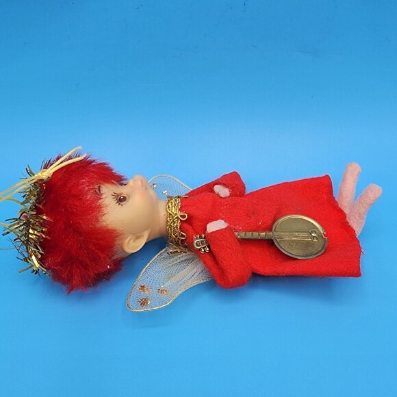 Vintage 1950s Napco Red Hair Pixie Angel Ornament • Felt Elf Japan • Gold Tinsel - Picture 7 of 9